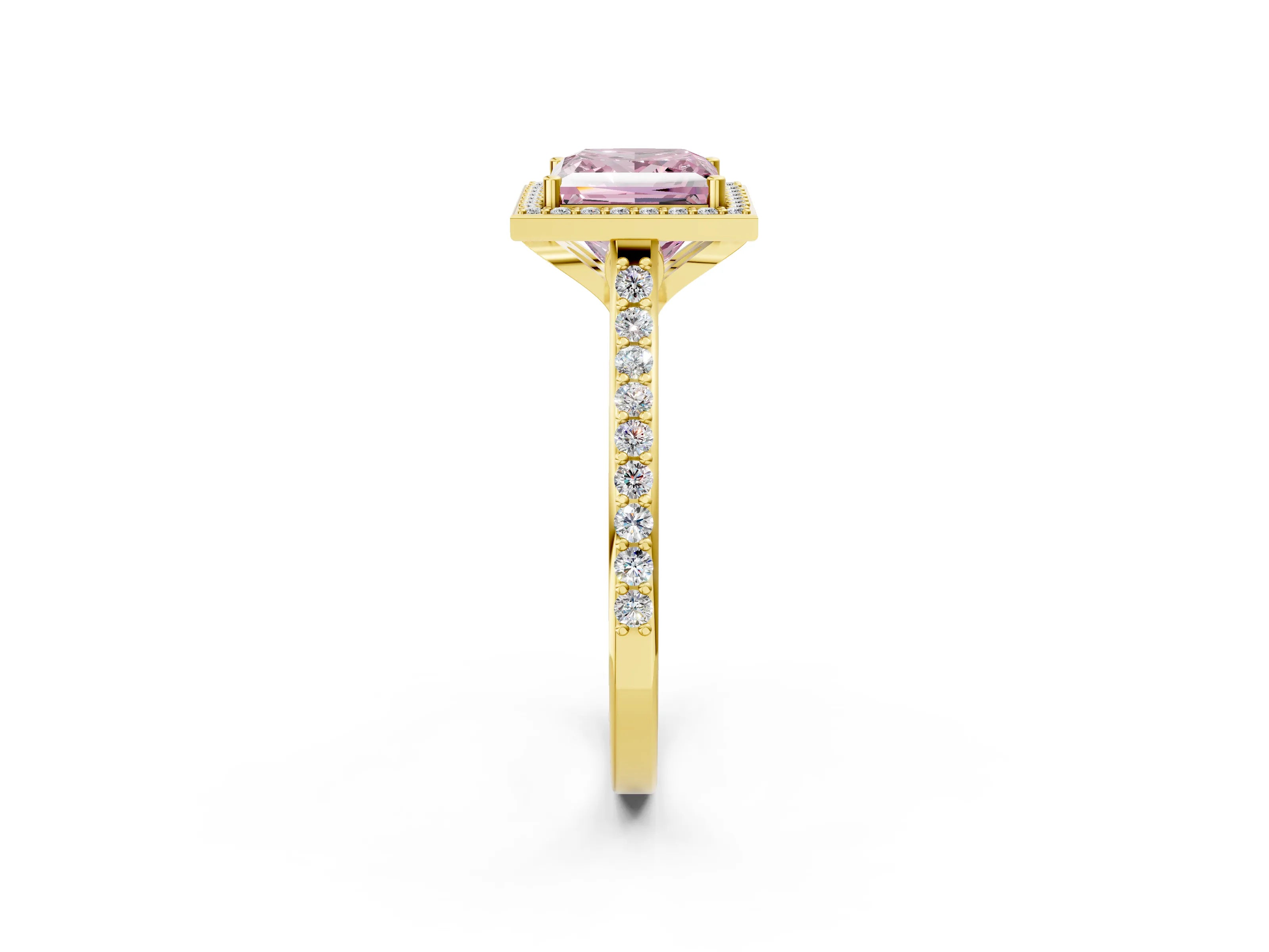 Yellow gold Fancy Pink Princess Cut Halo Round Diamond Pavé Band with Four-Prong Setting_13