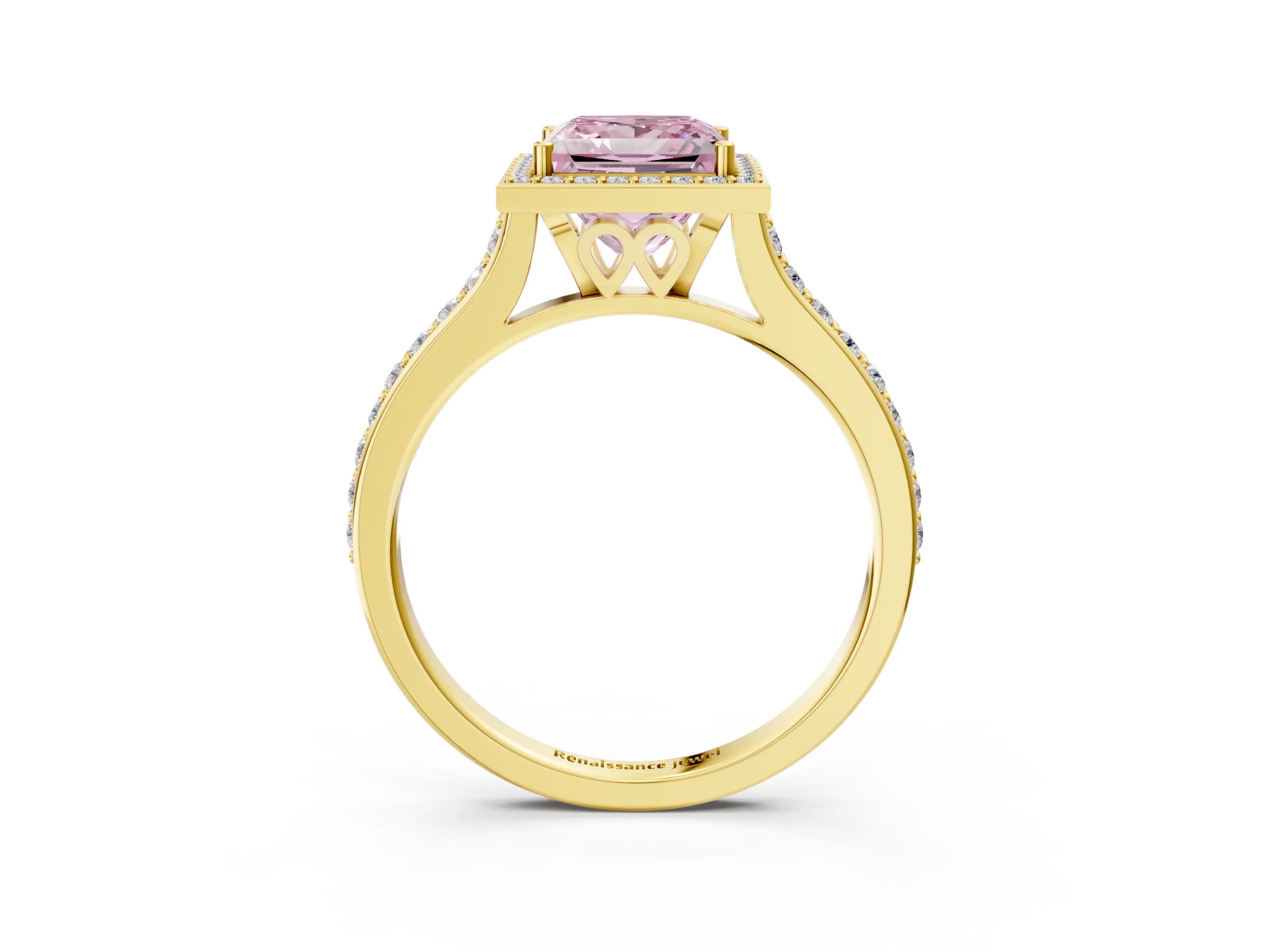 Yellow gold Fancy Pink Princess Cut Halo Round Diamond Pavé Band with Four-Prong Setting_14