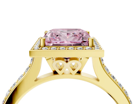 Yellow gold Fancy Pink Princess Cut Halo Round Diamond Pavé Band with Four-Prong Setting_15