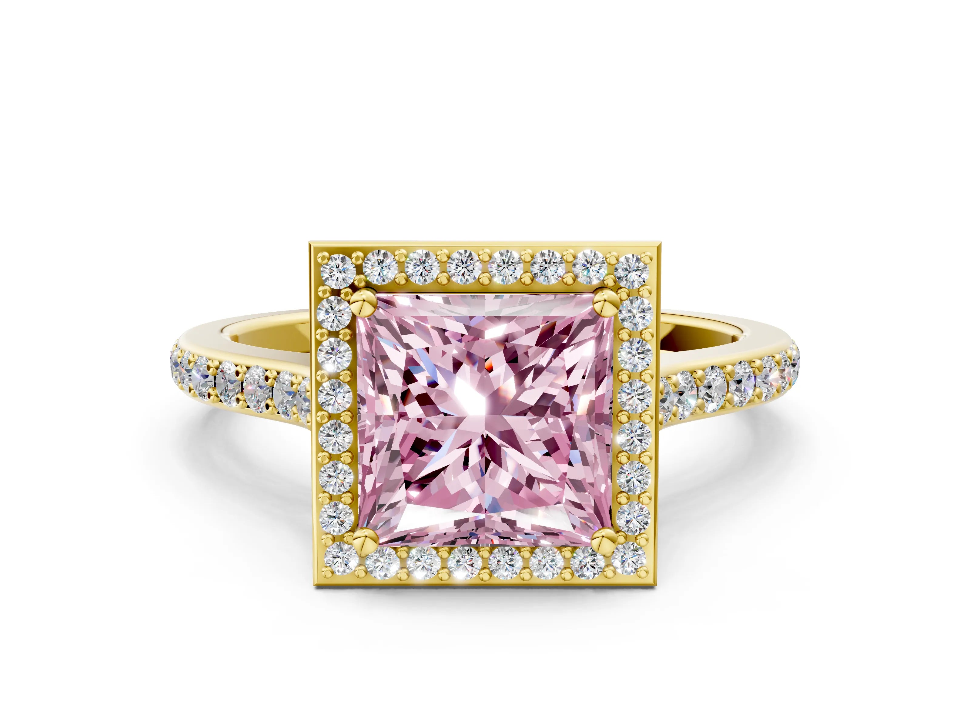 Yellow gold Fancy Pink Princess Cut Halo Round Diamond Pavé Band with Four-Prong Setting_23