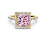 Yellow gold Fancy Pink Princess Cut Halo Round Diamond Pavé Band with Four-Prong Setting_23