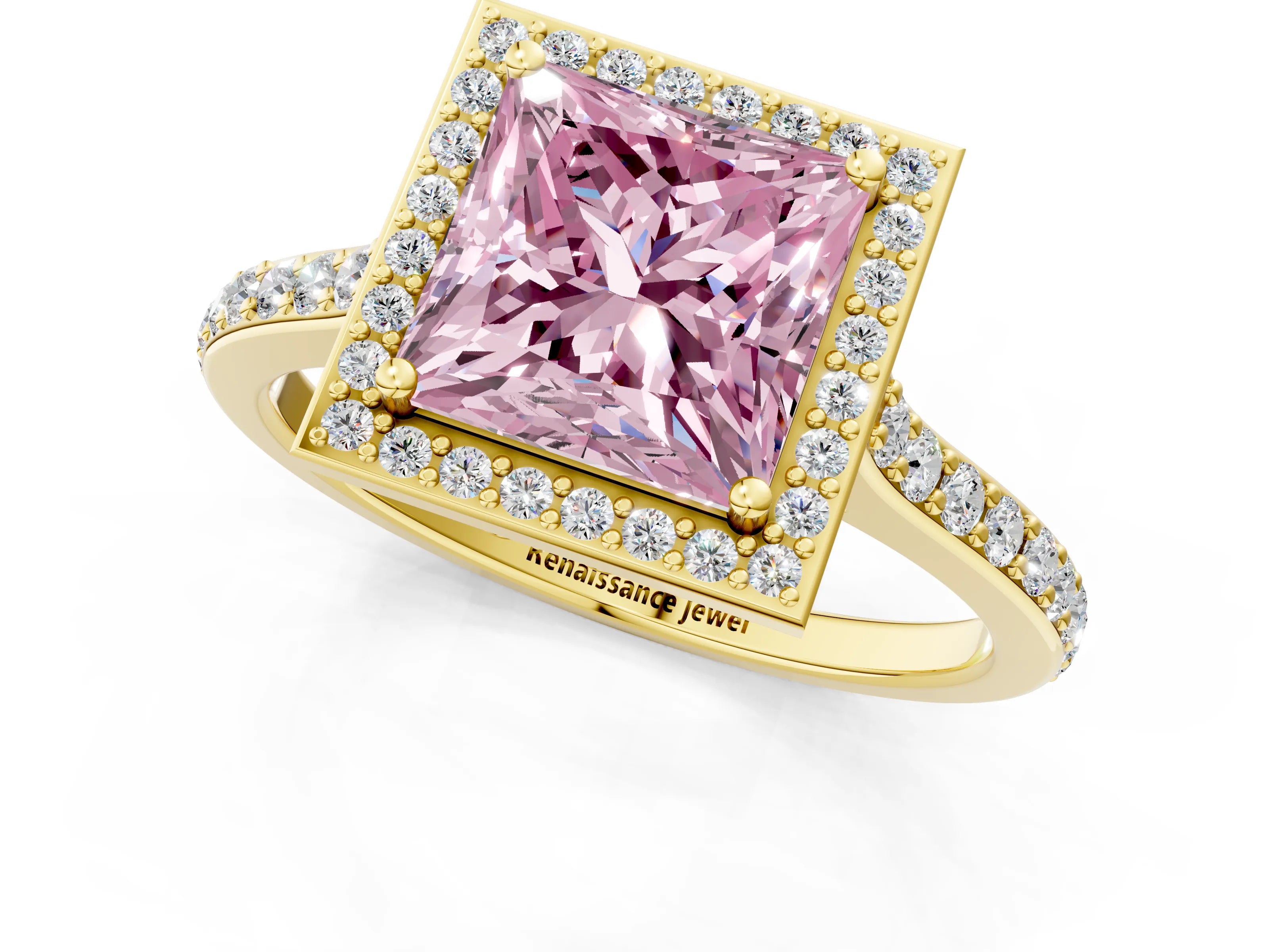 Yellow gold Fancy Pink Princess Cut Halo Round Diamond Pavé Band with Four-Prong Setting_4