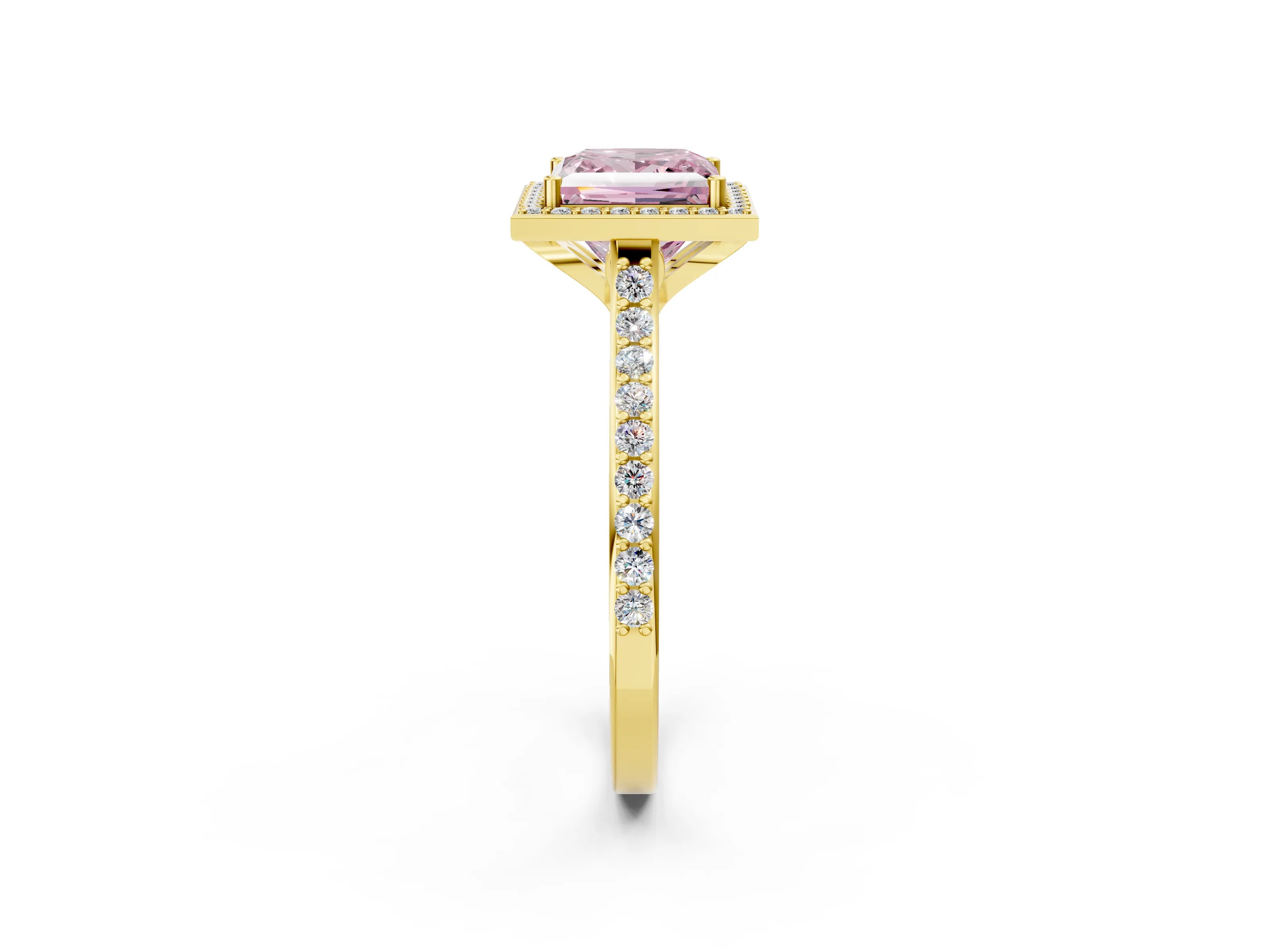 Yellow gold Fancy Pink Princess Cut Halo Round Diamond Pavé Band with Four-Prong Setting_5