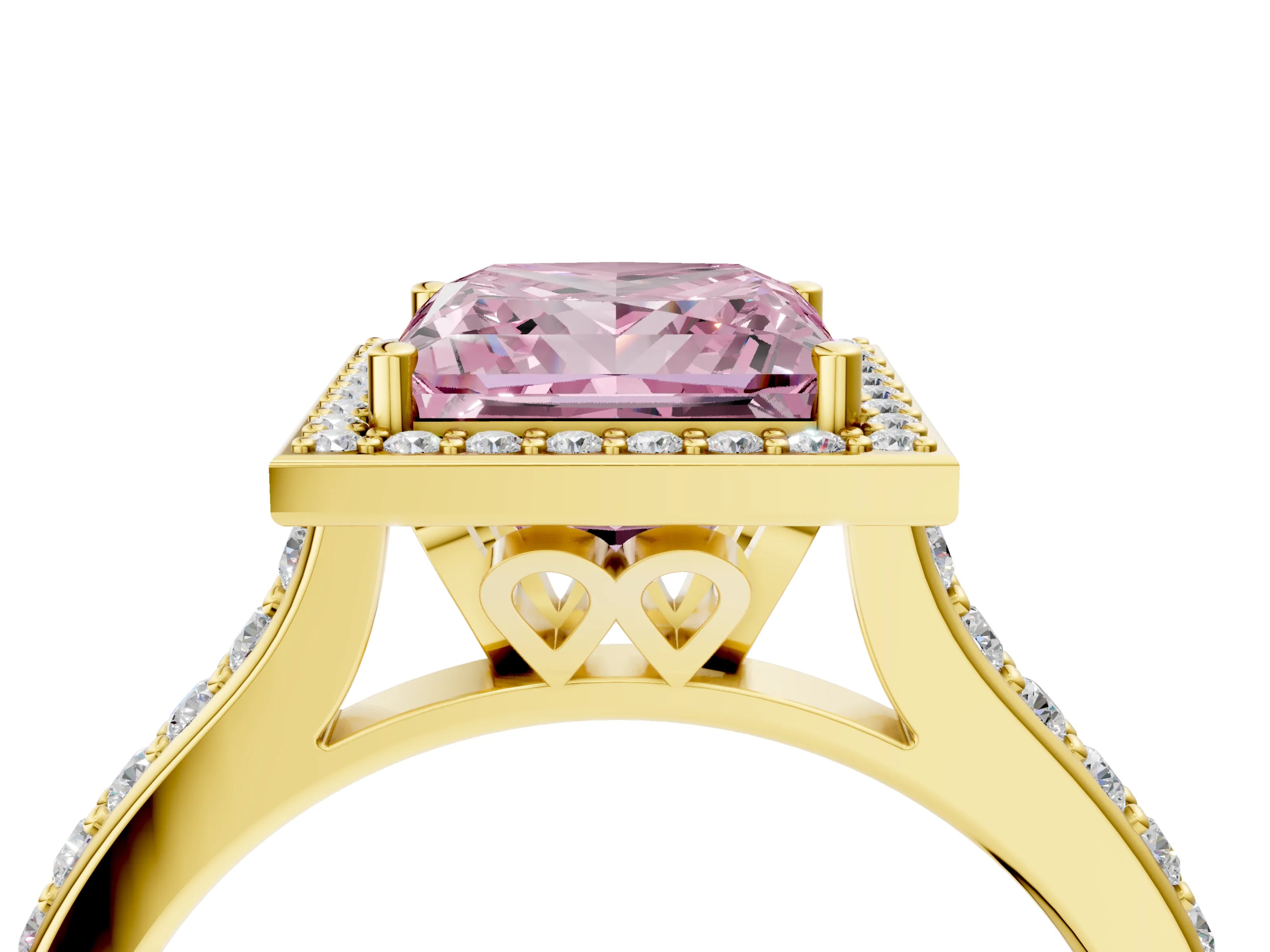 Yellow gold Fancy Pink Princess Cut Halo Round Diamond Pavé Band with Four-Prong Setting_7