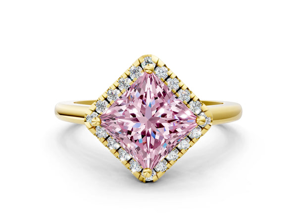 Yellow gold Fancy Pink Princess Cut Halo Round Diamond Solitaire Engagement Ring with Pave Band and Four-Prong Setting