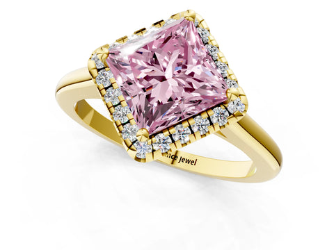 Yellow gold Fancy Pink Princess Cut Halo Round Diamond Solitaire Engagement Ring with Pave Band and Four-Prong Setting_13