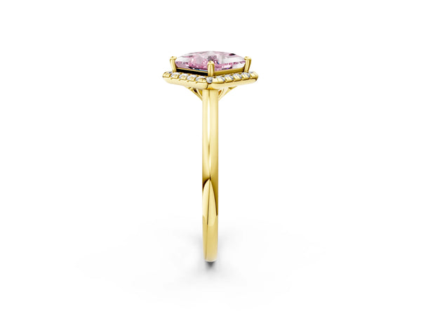 Yellow gold Fancy Pink Princess Cut Halo Round Diamond Solitaire Engagement Ring with Pave Band and Four-Prong Setting