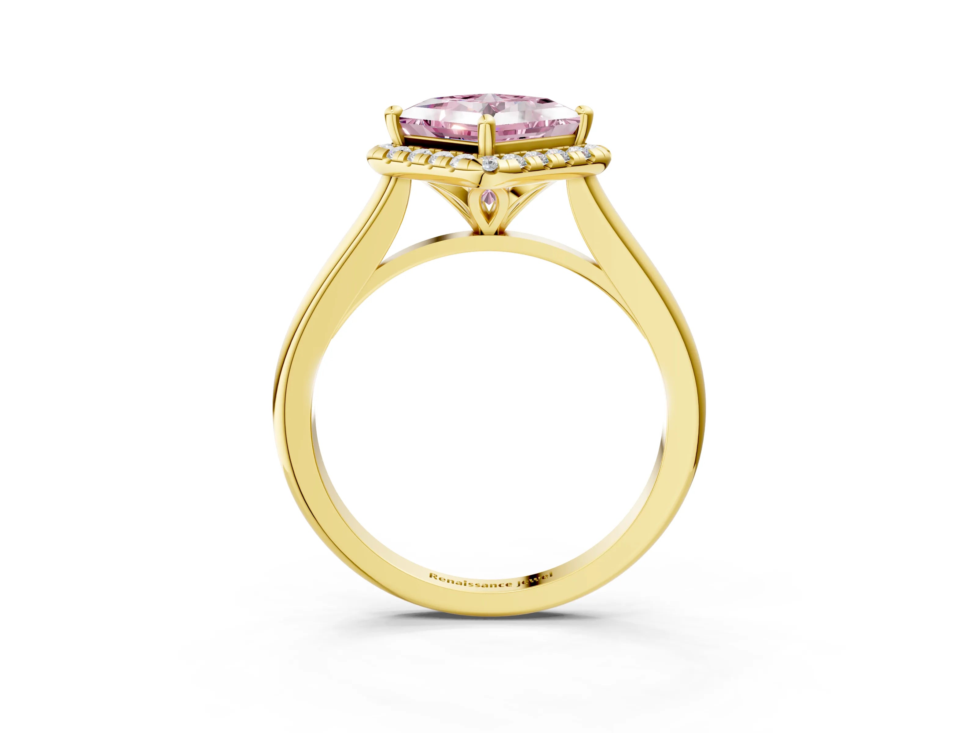 Yellow gold Fancy Pink Princess Cut Halo Round Diamond Solitaire Engagement Ring with Pave Band and Four-Prong Setting_15