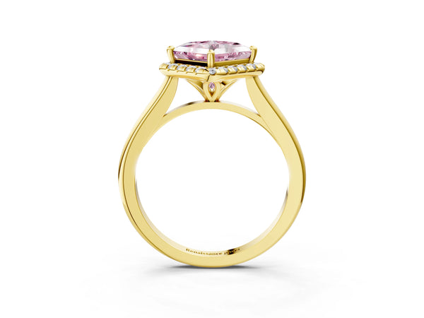 Yellow gold Fancy Pink Princess Cut Halo Round Diamond Solitaire Engagement Ring with Pave Band and Four-Prong Setting