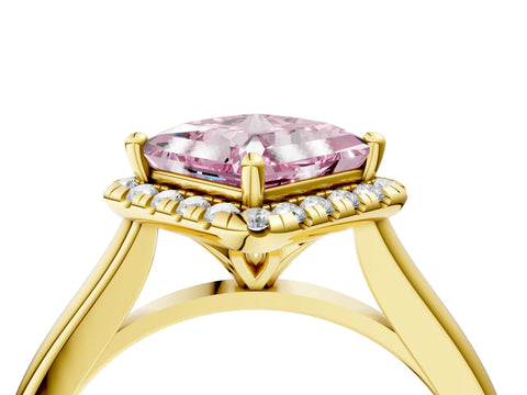 Yellow gold Fancy Pink Princess Cut Halo Round Diamond Solitaire Engagement Ring with Pave Band and Four-Prong Setting_16