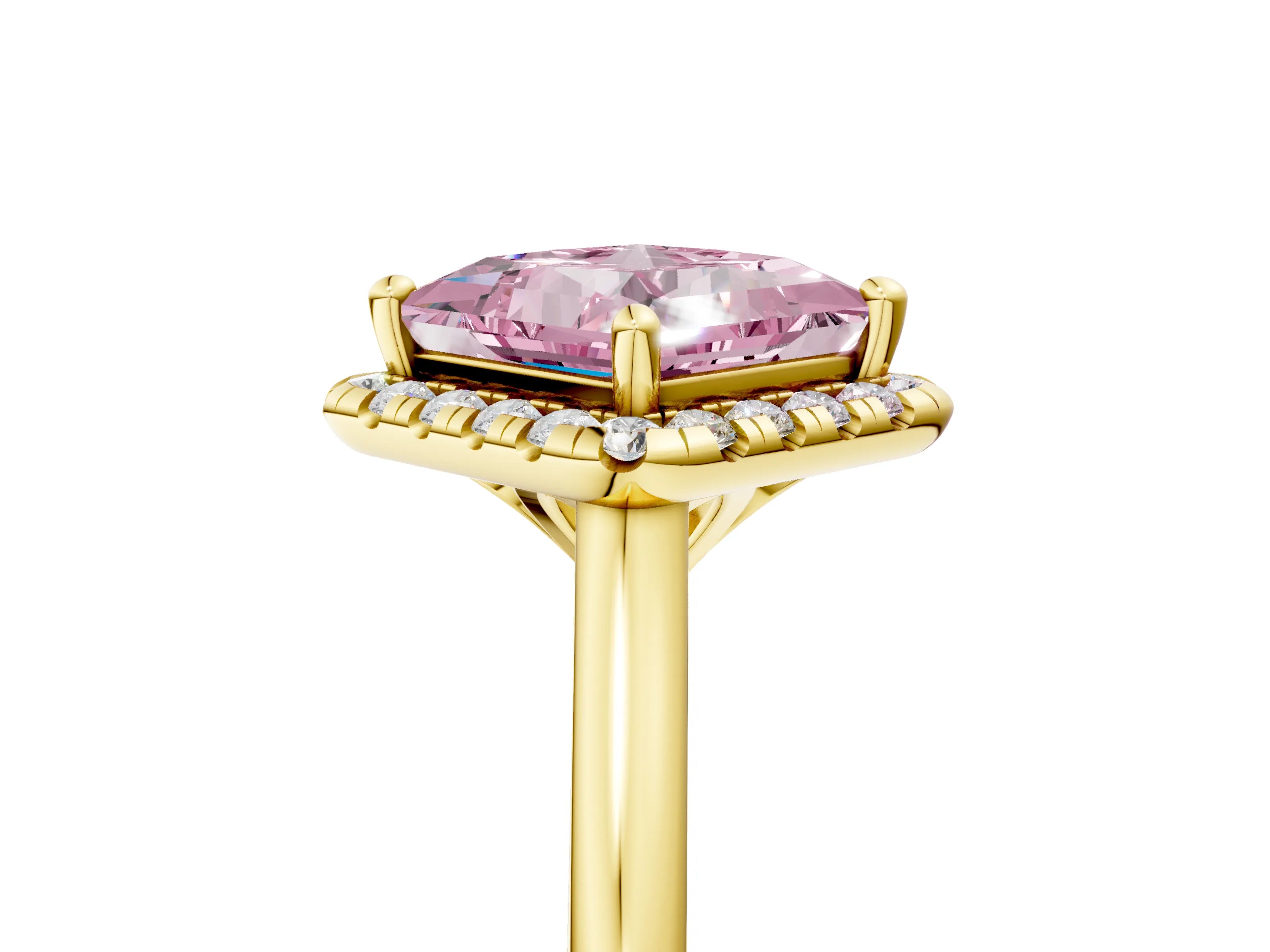 Yellow gold Fancy Pink Princess Cut Halo Round Diamond Solitaire Engagement Ring with Pave Band and Four-Prong Setting_17