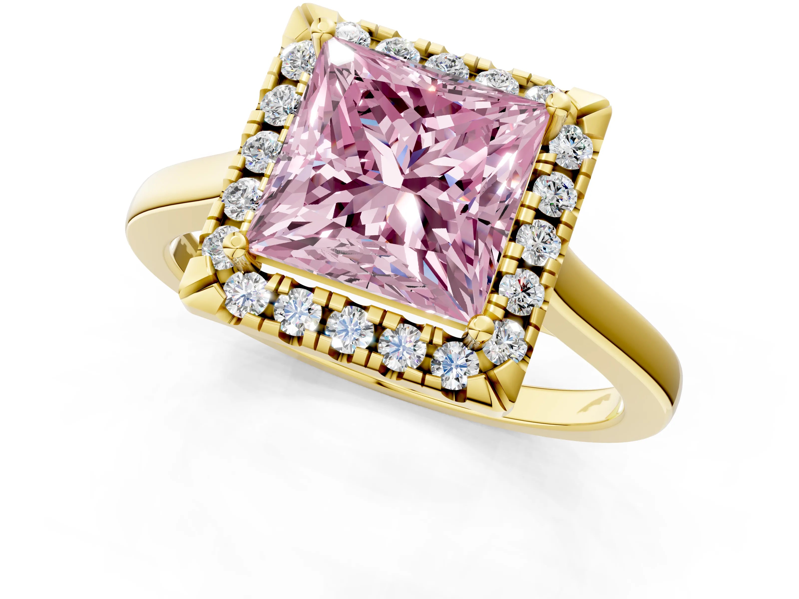 Yellow gold Fancy Pink Princess Cut Halo Round Diamond Solitaire Ring with Pavé Band and Four-Prong Setting_10
