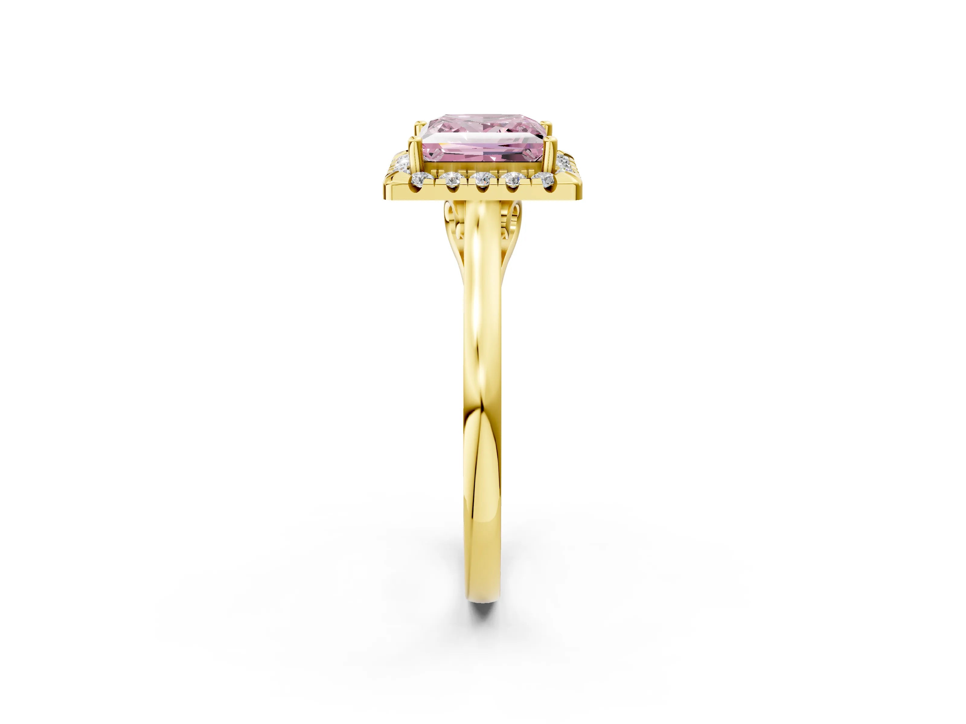 Yellow gold Fancy Pink Princess Cut Halo Round Diamond Solitaire Ring with Pavé Band and Four-Prong Setting_13