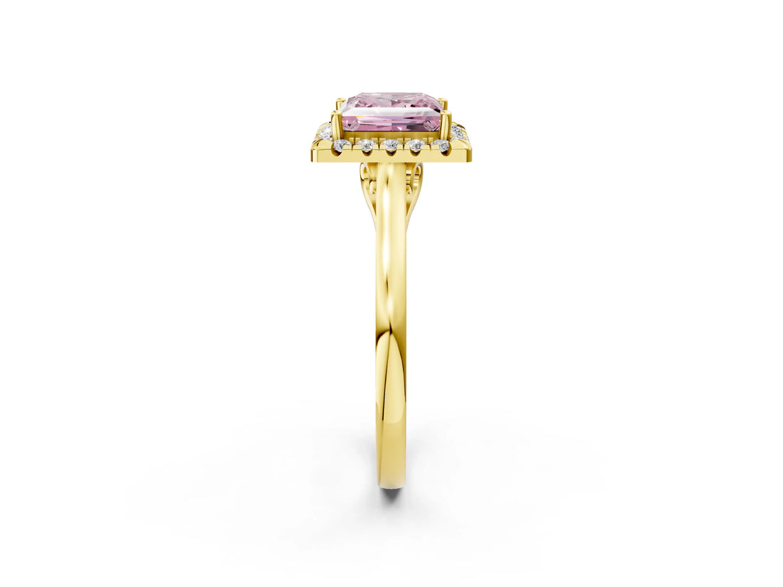 Yellow gold Fancy Pink Princess Cut Halo Round Diamond Solitaire Ring with Pavé Band and Four-Prong Setting_13