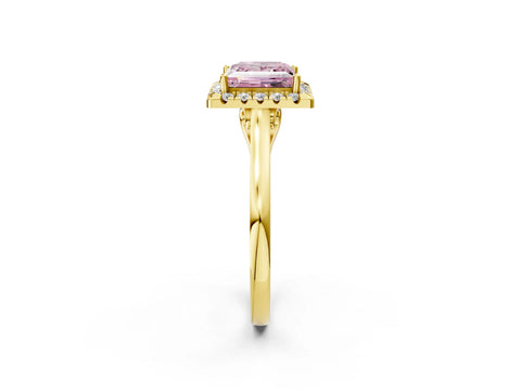 Yellow gold Fancy Pink Princess Cut Halo Round Diamond Solitaire Ring with Pavé Band and Four-Prong Setting_13