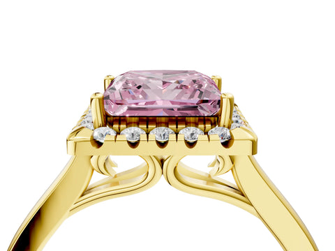 Yellow gold Fancy Pink Princess Cut Halo Round Diamond Solitaire Ring with Pavé Band and Four-Prong Setting_15