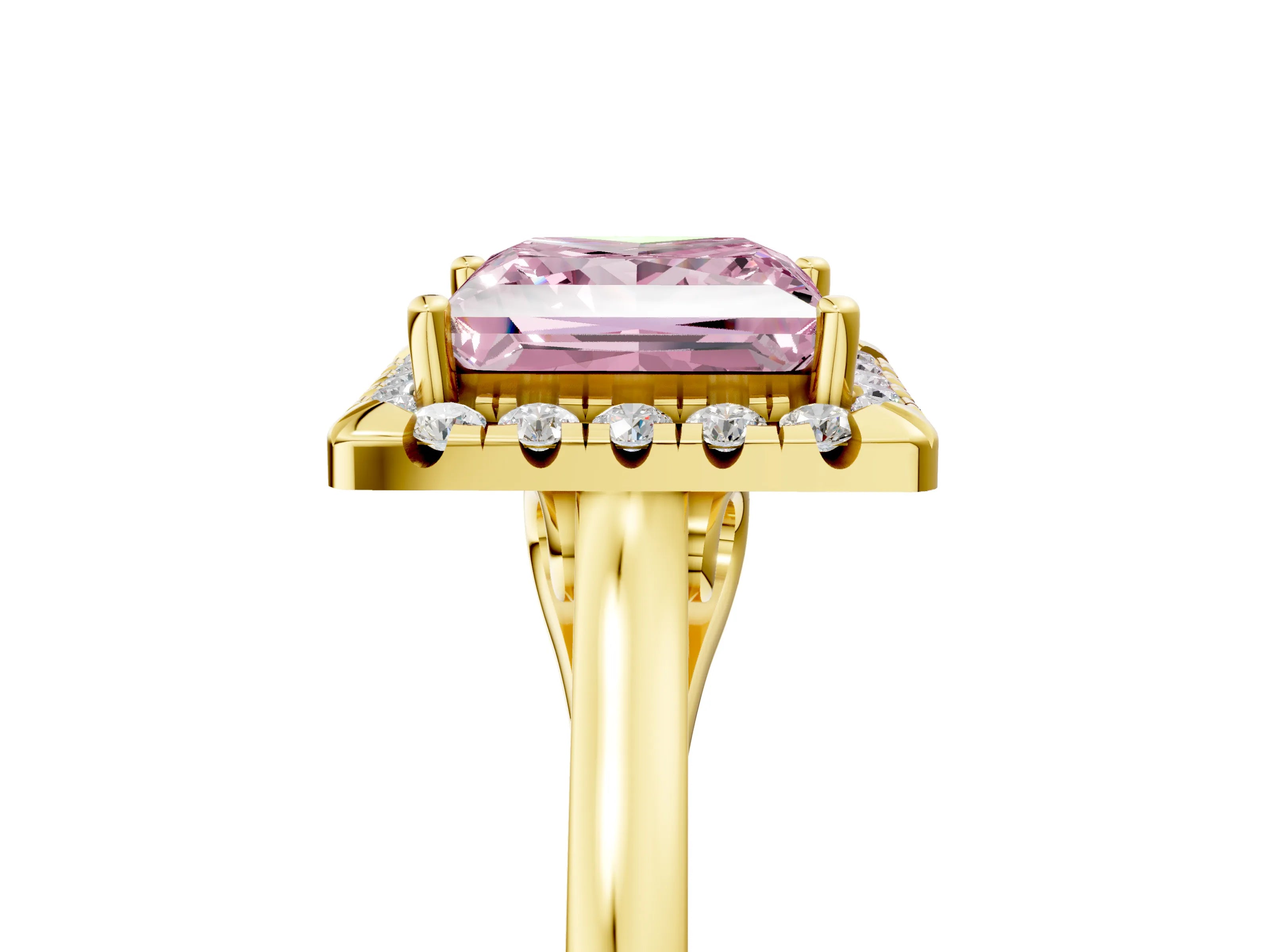 Yellow gold Fancy Pink Princess Cut Halo Round Diamond Solitaire Ring with Pavé Band and Four-Prong Setting_16