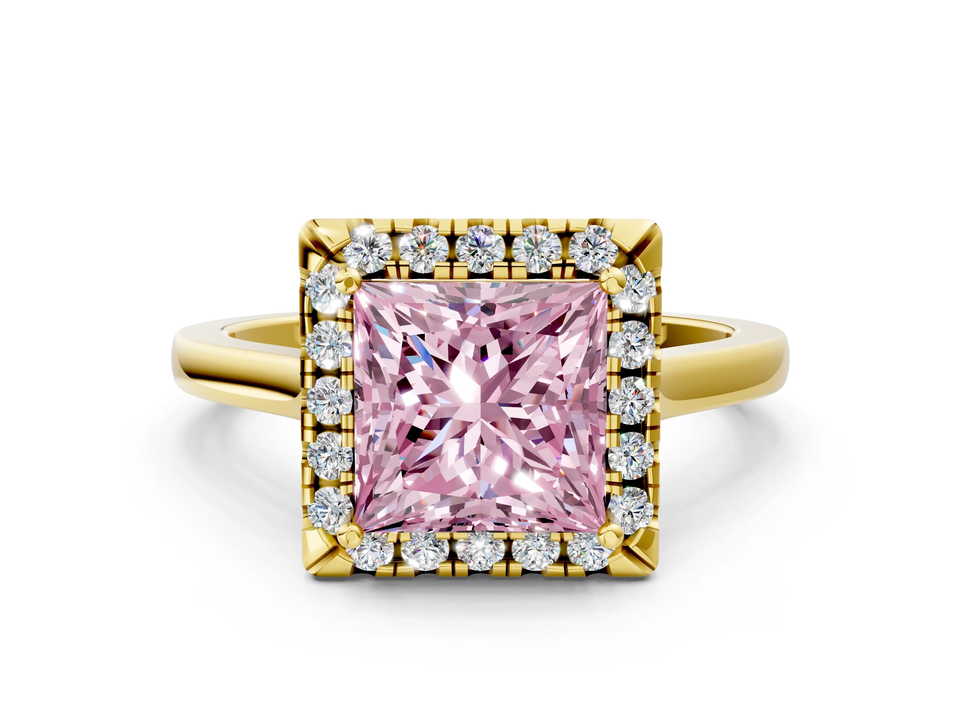 Yellow gold Fancy Pink Princess Cut Halo Round Diamond Solitaire Ring with Pavé Band and Four-Prong Setting_9