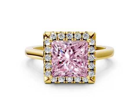 Yellow gold Fancy Pink Princess Cut Halo Round Diamond Solitaire Ring with Pavé Band and Four-Prong Setting_9