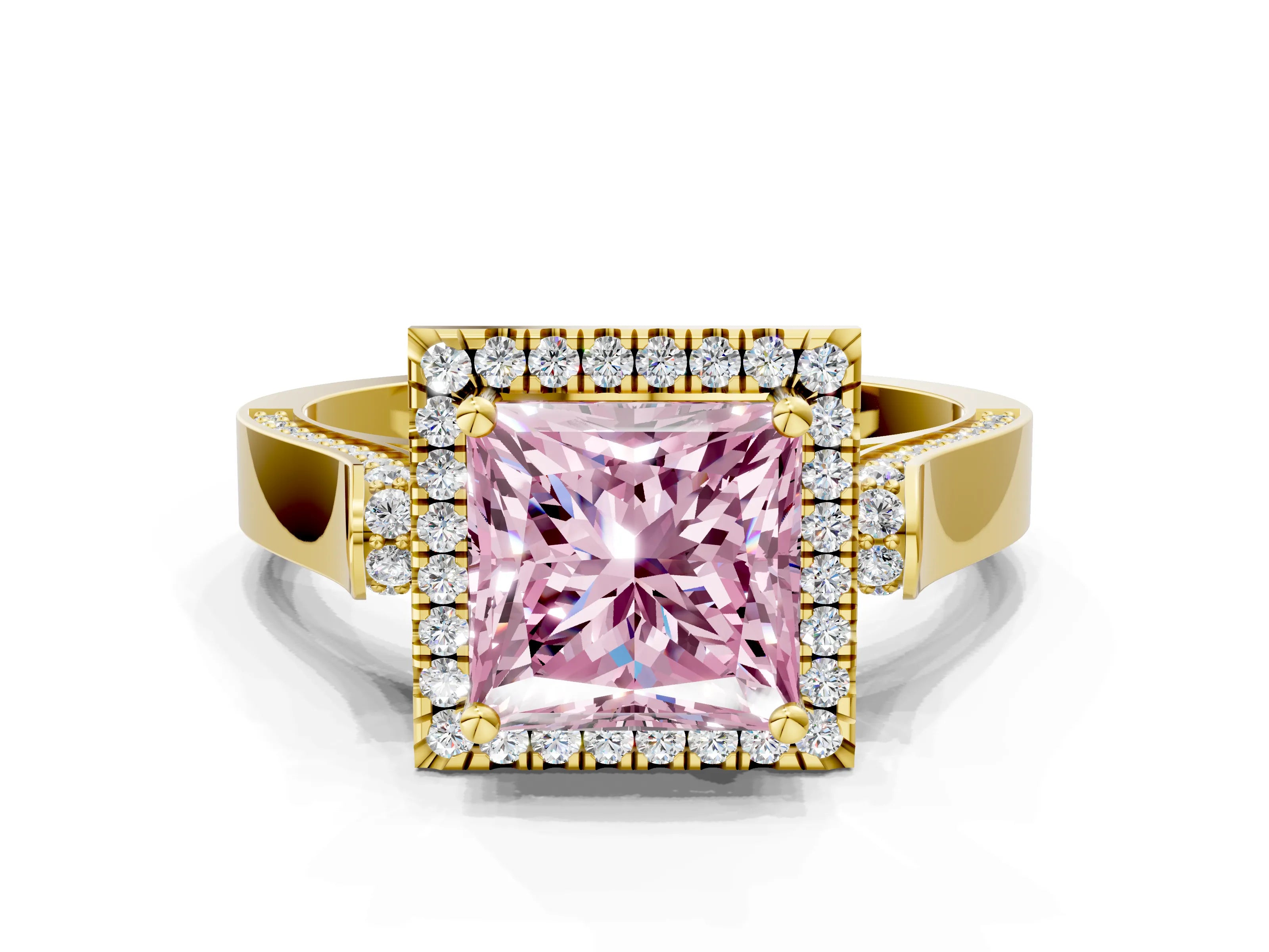 Yellow gold Fancy Pink Princess Cut Halo Round Diamond Twist Band with Four-Prong Setting