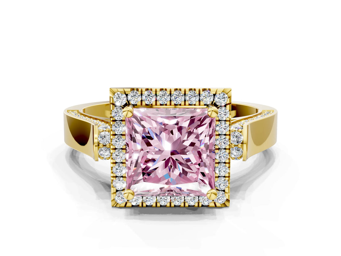 Yellow gold Fancy Pink Princess Cut Halo Round Diamond Twist Band with Four-Prong Setting