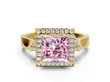 Yellow gold Fancy Pink Princess Cut Halo Round Diamond Twist Band with Four-Prong Setting
