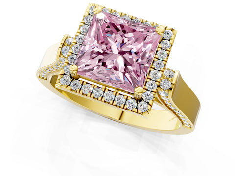 Yellow gold Fancy Pink Princess Cut Halo Round Diamond Twist Band with Four-Prong Setting_1