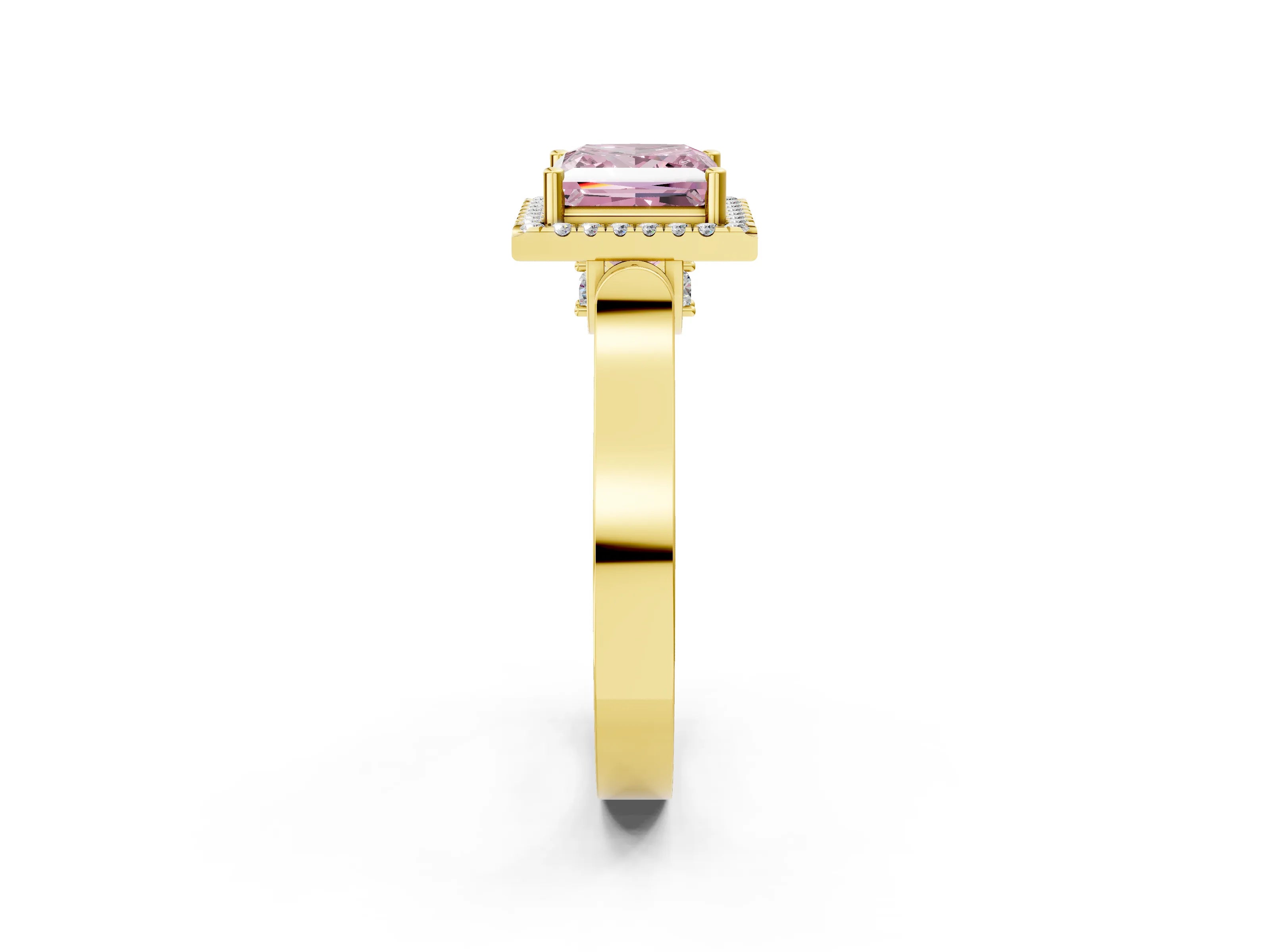 Yellow gold Fancy Pink Princess Cut Halo Round Diamond Twist Band with Four-Prong Setting_2