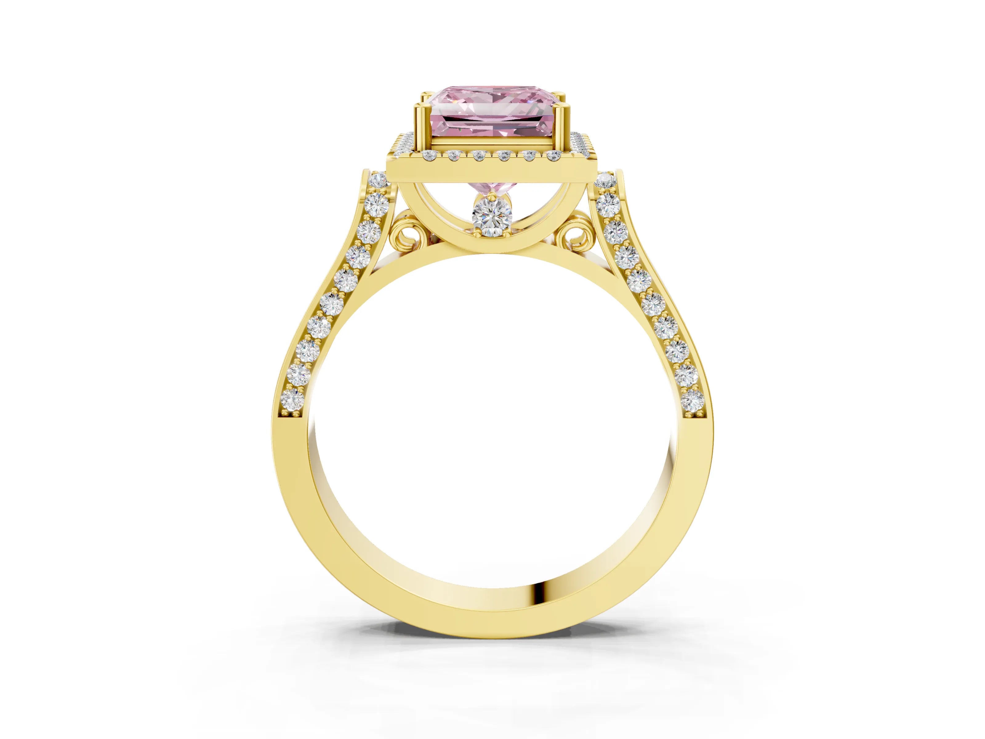 Yellow gold Fancy Pink Princess Cut Halo Round Diamond Twist Band with Four-Prong Setting_3