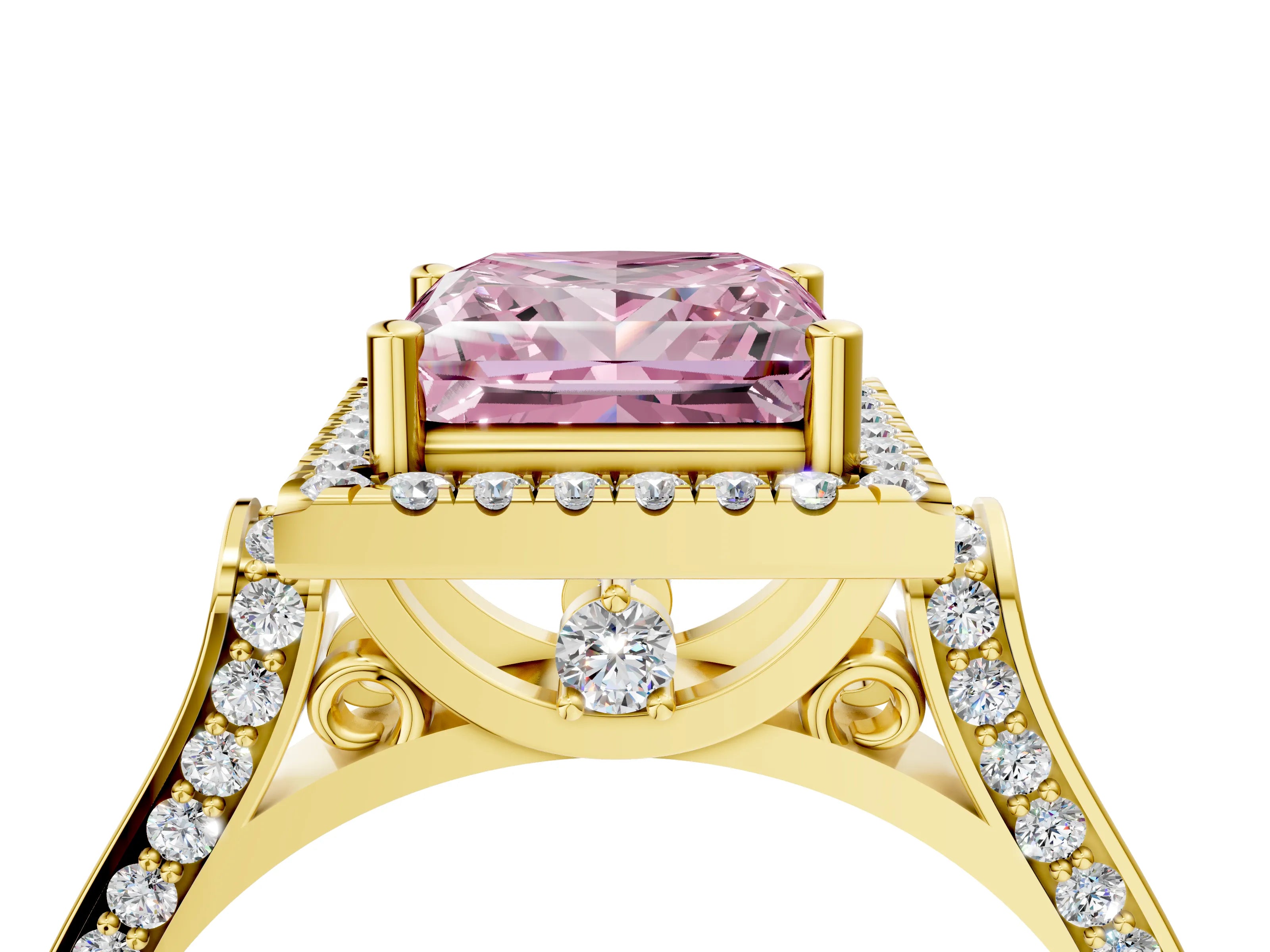 Yellow gold Fancy Pink Princess Cut Halo Round Diamond Twist Band with Four-Prong Setting_4