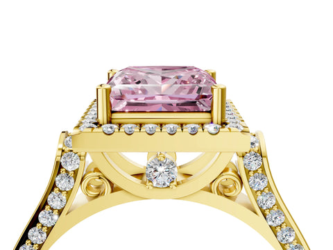 Yellow gold Fancy Pink Princess Cut Halo Round Diamond Twist Band with Four-Prong Setting_4