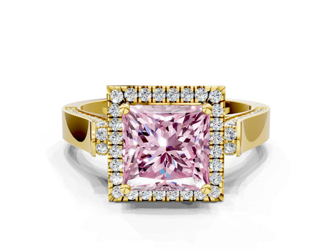 Yellow gold Fancy Pink Princess Cut Halo Round Diamond Twist Band with Four-Prong Setting