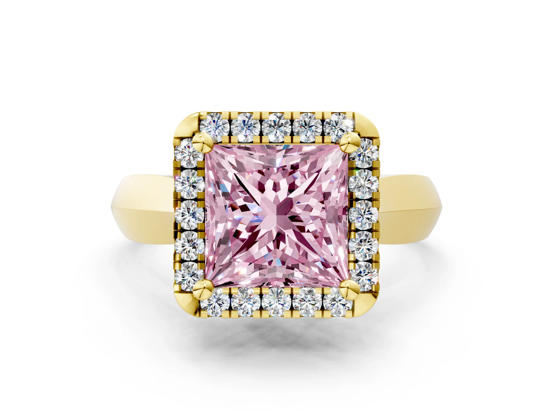 Yellow gold Fancy Pink Princess  Cut Halo Solitaire Engagement Ring with Square Band and Four-Prong Setting_66