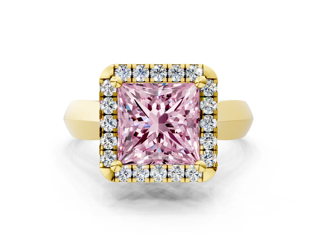 Yellow gold Fancy Pink Princess  Cut Halo Solitaire Engagement Ring with Square Band and Four-Prong Setting_82