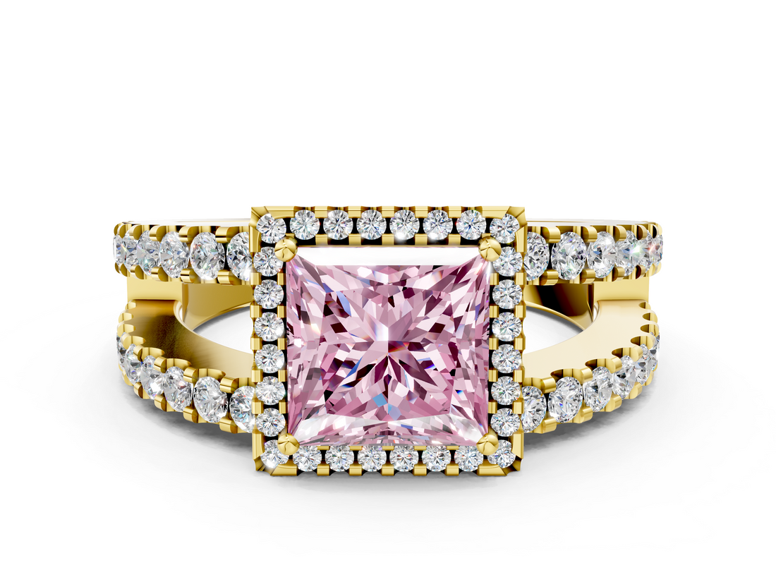 Yellow gold Fancy Pink Princess  Cut Halo Split Shank Diamond Ring with Four-Prong Setting