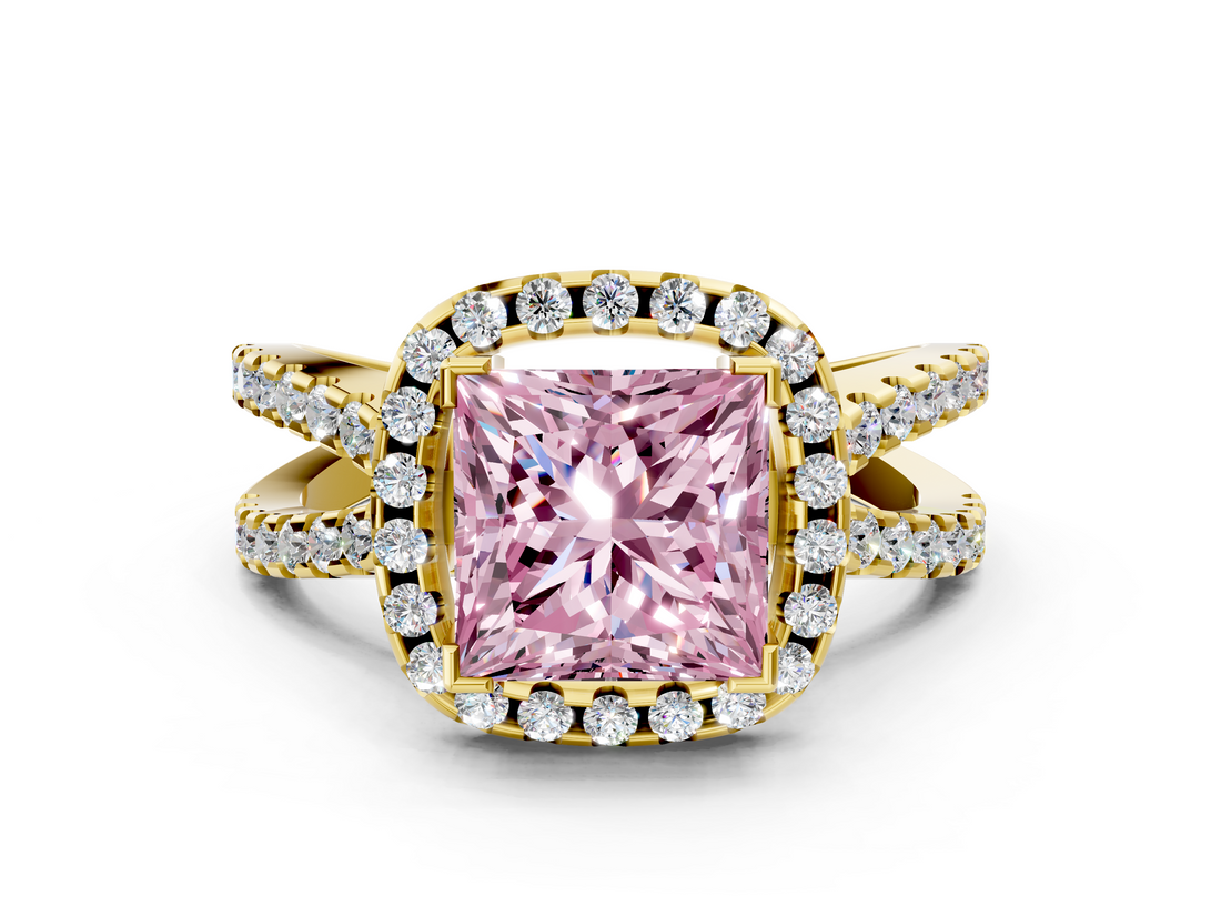 Yellow gold Fancy Pink Princess  Cut Halo Split Shank Pave Set Ring_17