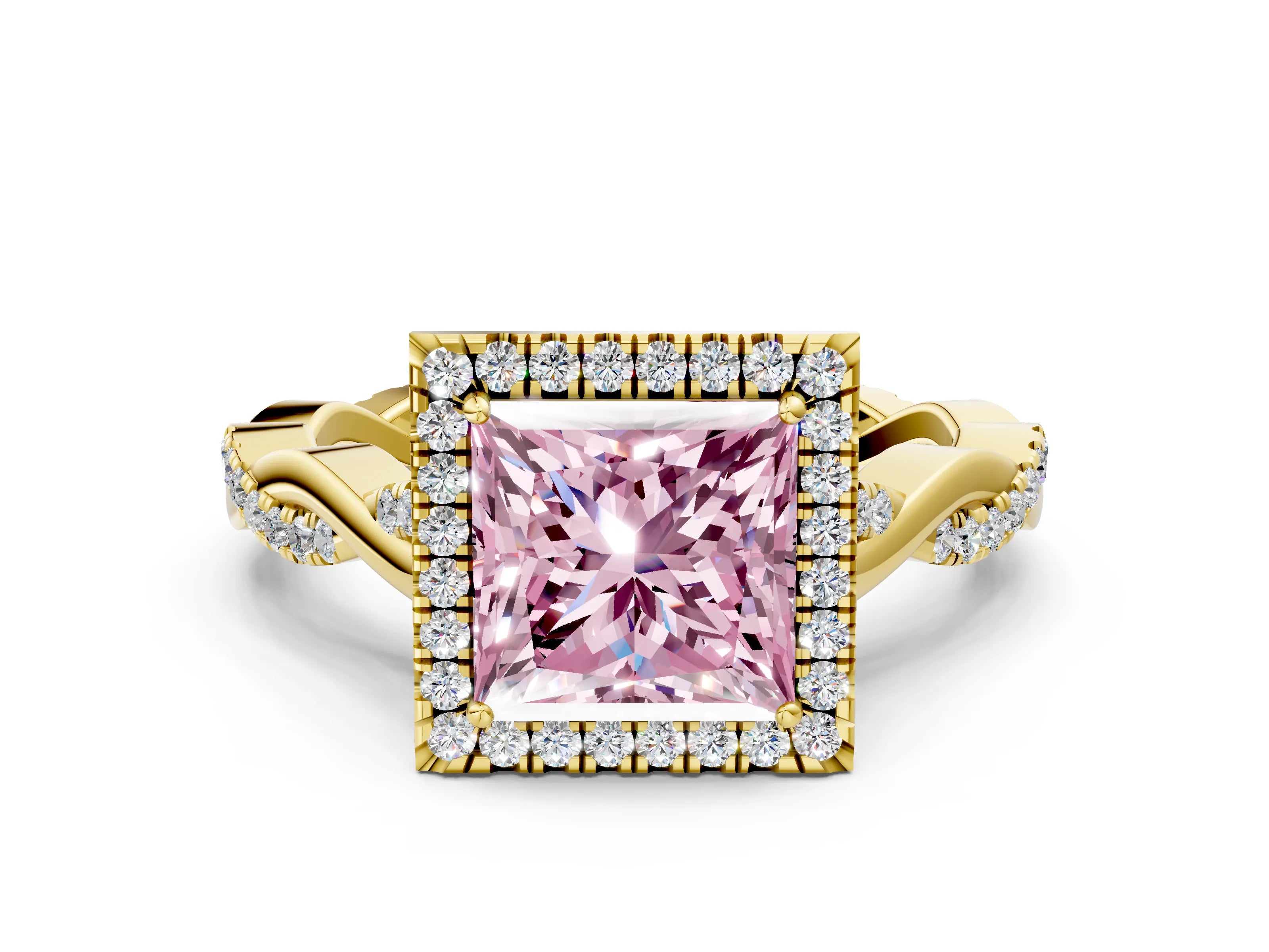 Yellow gold Fancy Pink Princess Cut Halo Twist Band with Four-Prong Setting