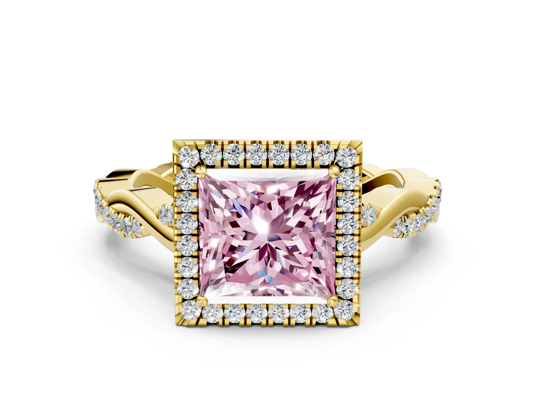 Yellow gold Fancy Pink Princess Cut Halo Twist Band with Four-Prong Setting_12