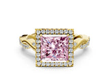 Yellow gold Fancy Pink Princess Cut Halo Twist Band with Four-Prong Setting_12