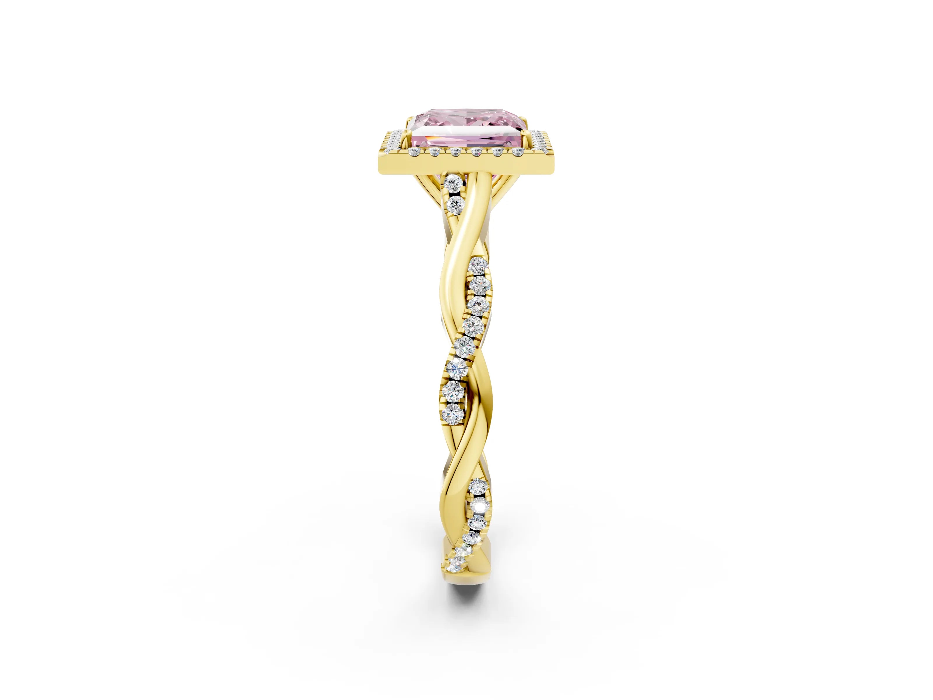 Yellow gold Fancy Pink Princess Cut Halo Twist Band with Four-Prong Setting_14