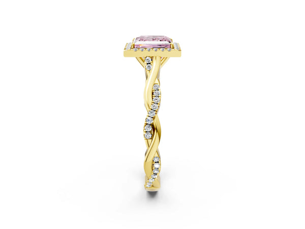 Yellow Gold Princess Cut Interwoven Twist Halo Engagement Ring Setting for Fancy Pink Center