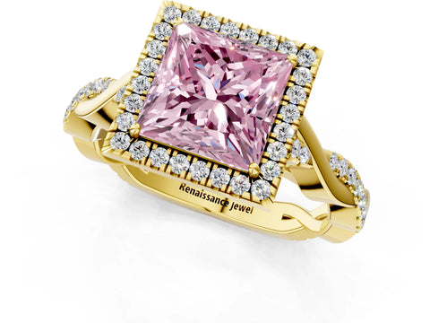 Yellow gold Fancy Pink Princess Cut Halo Twist Band with Four-Prong Setting_1