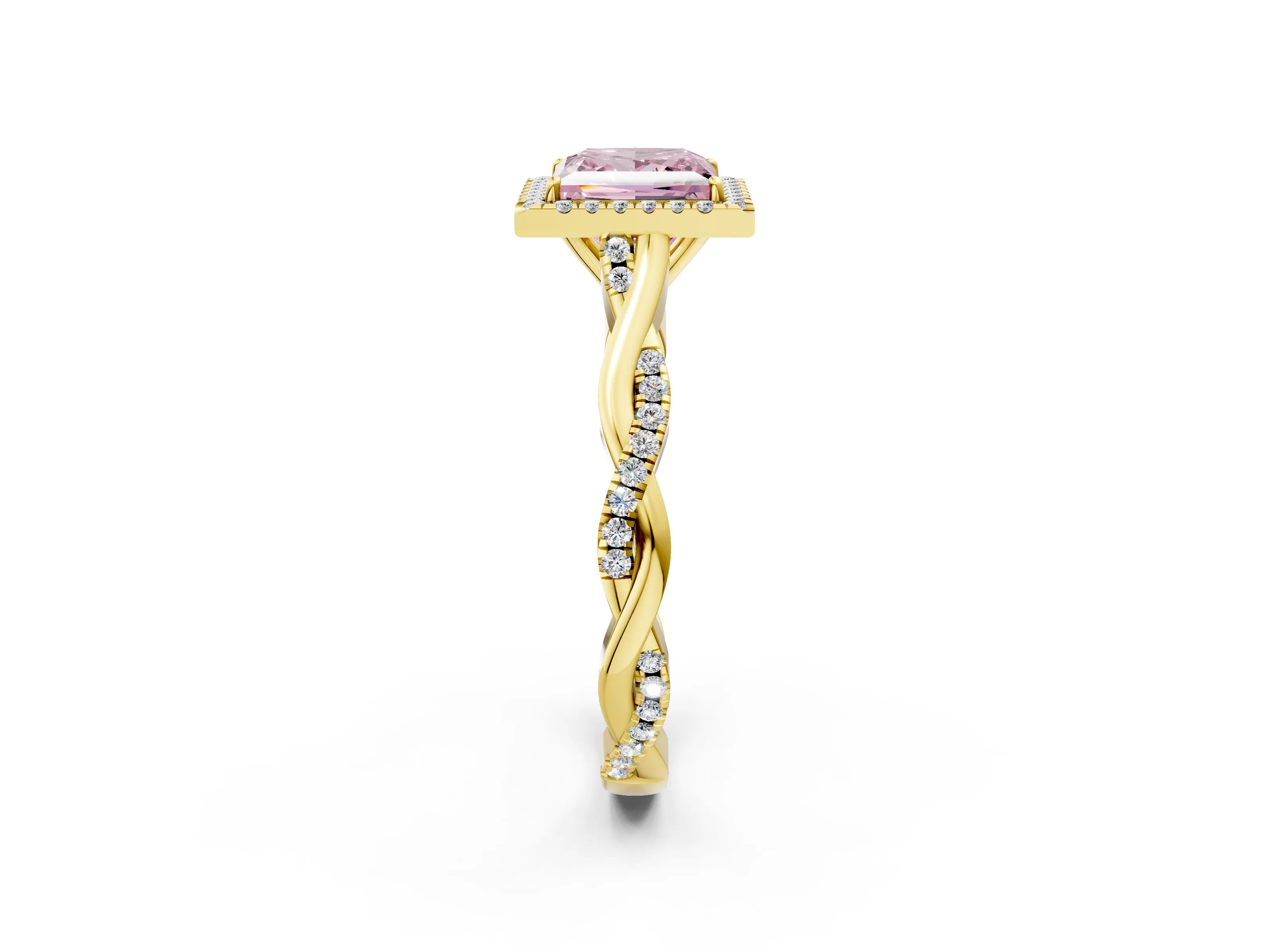Yellow gold Fancy Pink Princess Cut Halo Twist Band with Four-Prong Setting_2