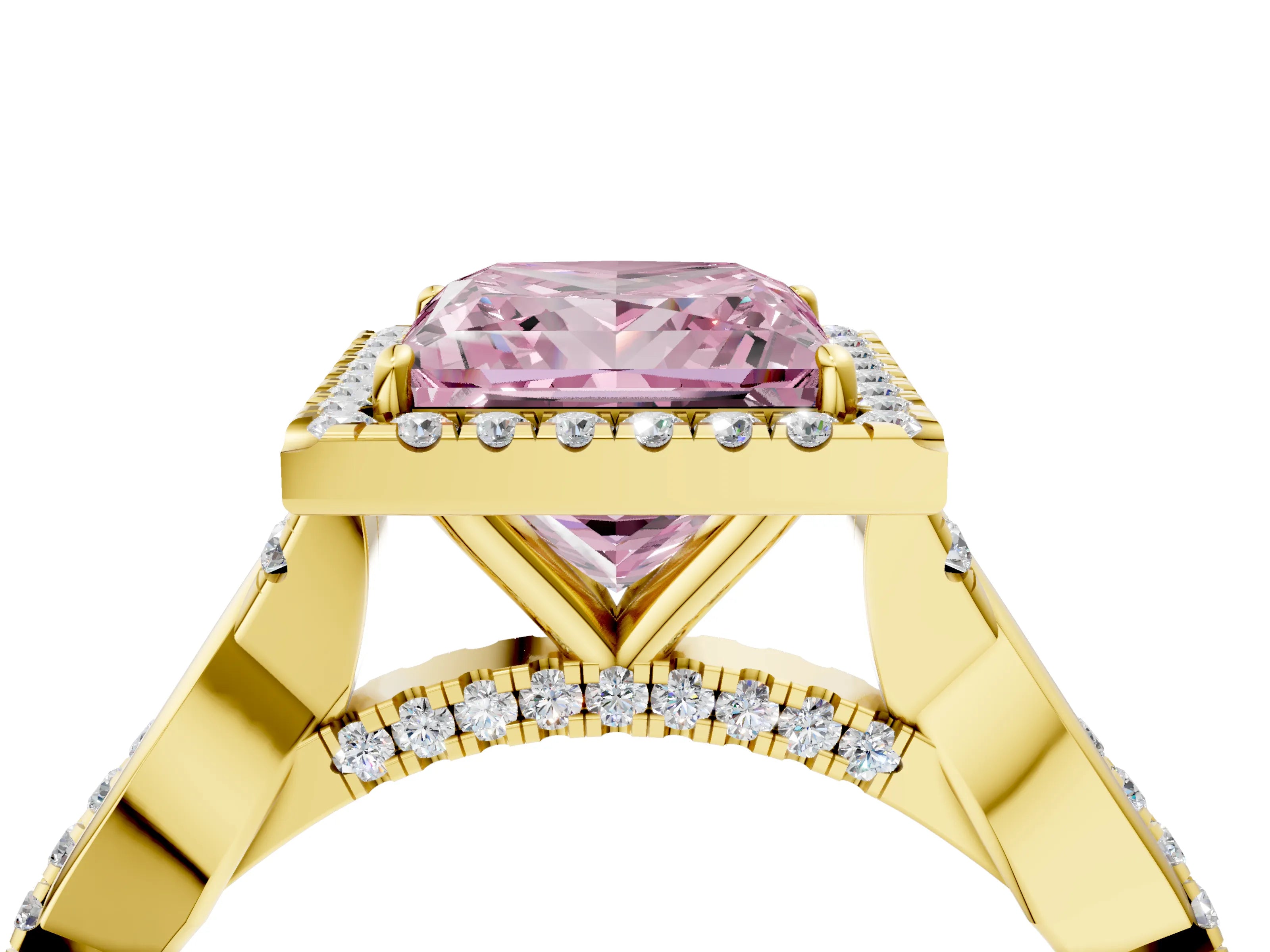 Yellow gold Fancy Pink Princess Cut Halo Twist Band with Four-Prong Setting_4
