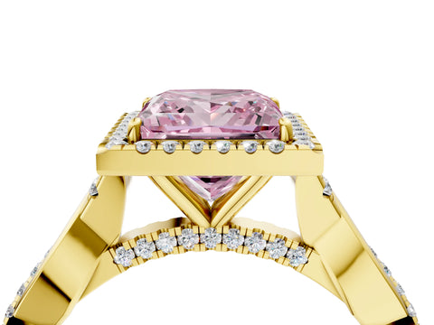 Yellow gold Fancy Pink Princess Cut Halo Twist Band with Four-Prong Setting_4