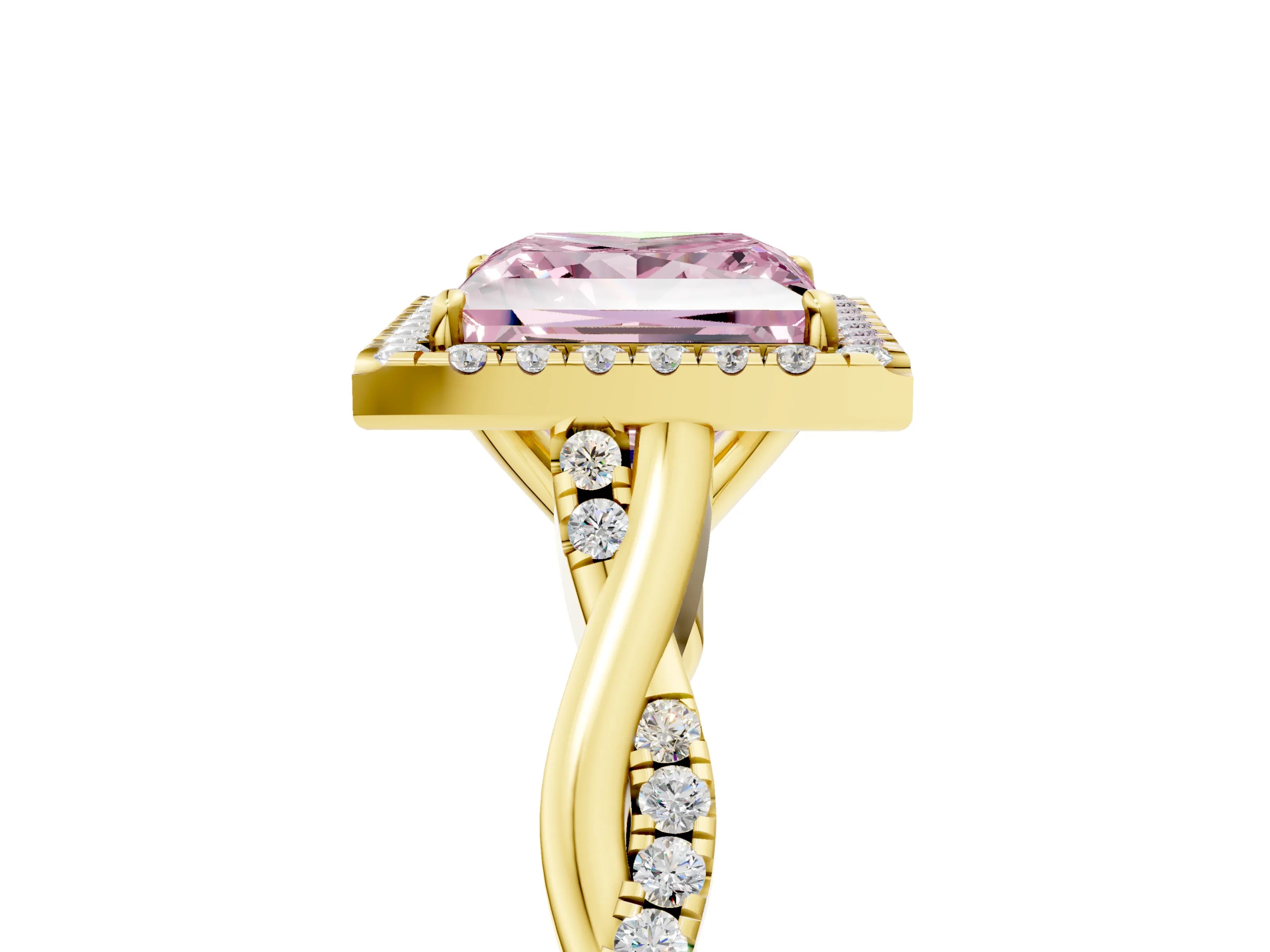 Yellow gold Fancy Pink Princess Cut Halo Twist Band with Four-Prong Setting_5
