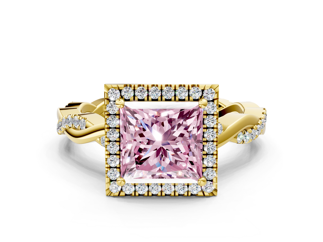 Yellow gold Fancy Pink Princess  Cut Halo Twisted Band Four-Prong Ring