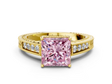 Yellow gold Fancy Pink Princess  Cut Milgrain Channel Set Engagement Ring with Solitaire Prong Setting