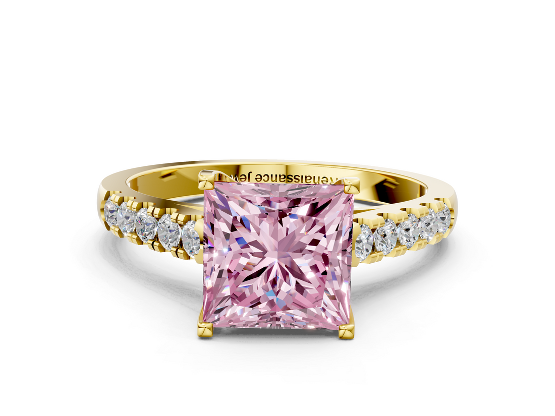 Yellow gold Fancy Pink Princess  Cut Pavé Band Solitaire Ring with Four-Prong Setting