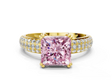 Yellow gold Fancy Pink Princess  Cut Pave Diamond Engagement Ring with Channel Set Band and Four-Prong Setting
